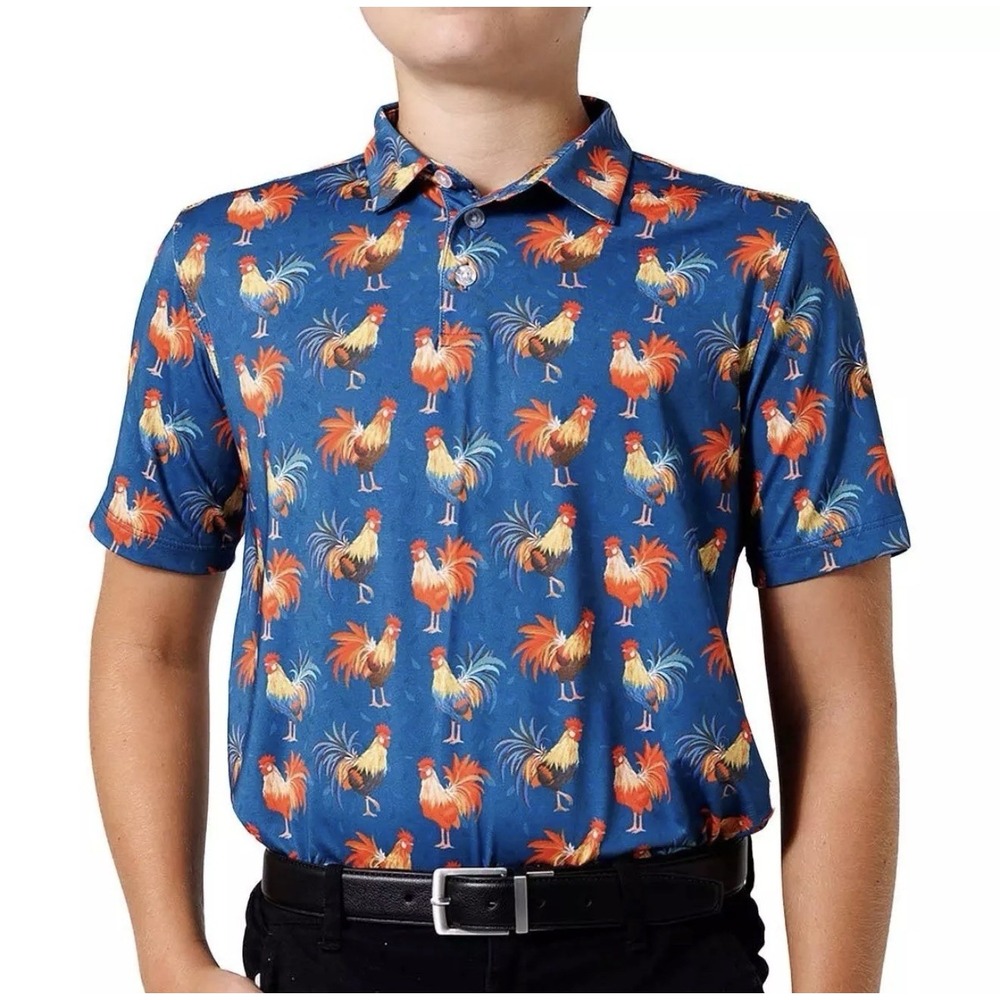 Waggle Boys Golf Rack Polo Shirt Short Sleeve Size Medium Navy Rooster Active